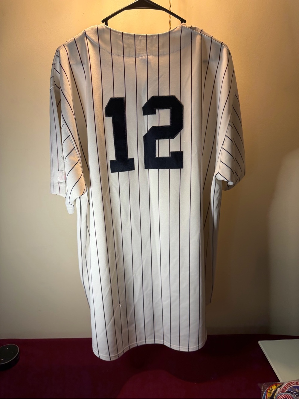Russell Athletic White Pinstripe Baseball Jersey with Navy Number 12